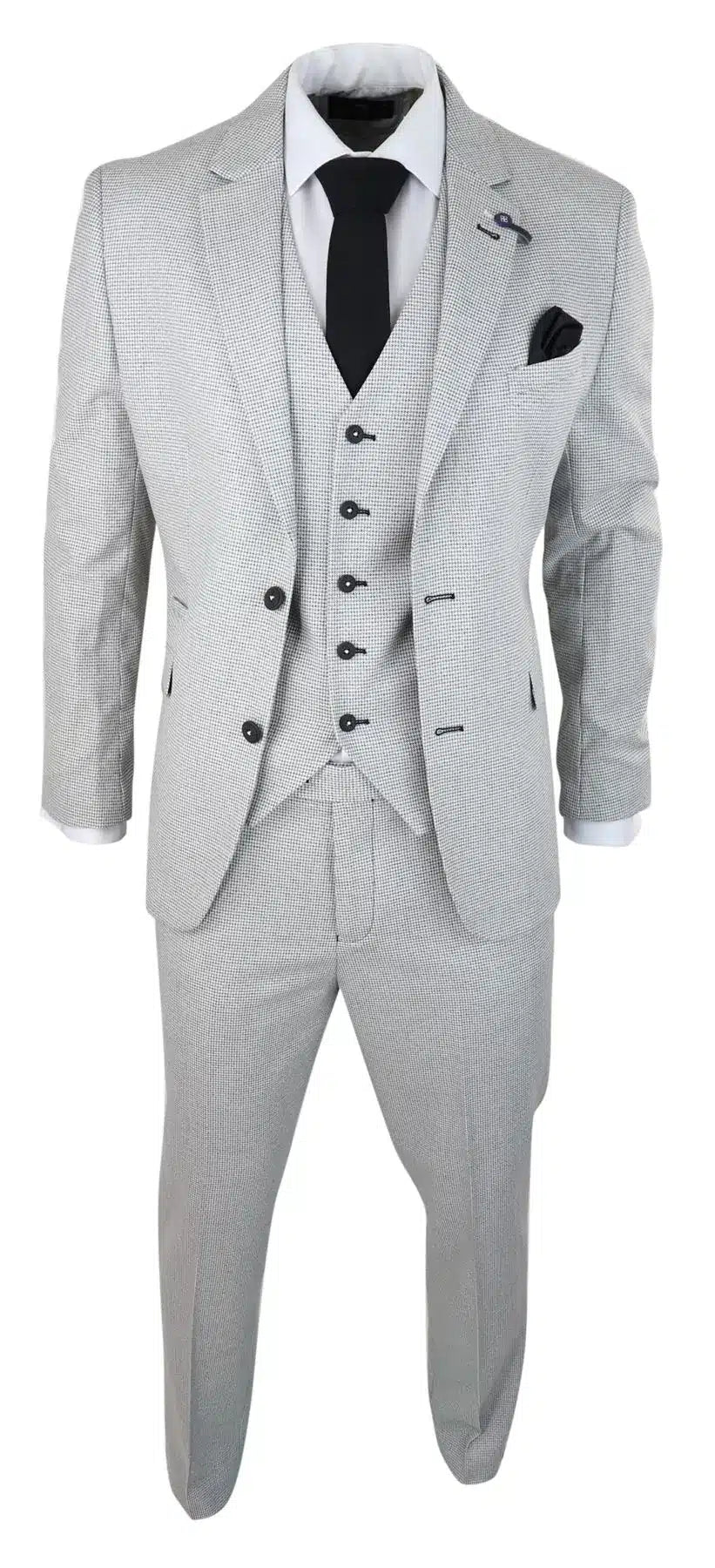 Mens 3 Piece Light Grey Black Check Suit Tailored Fit Retro Vintage Classic Smart