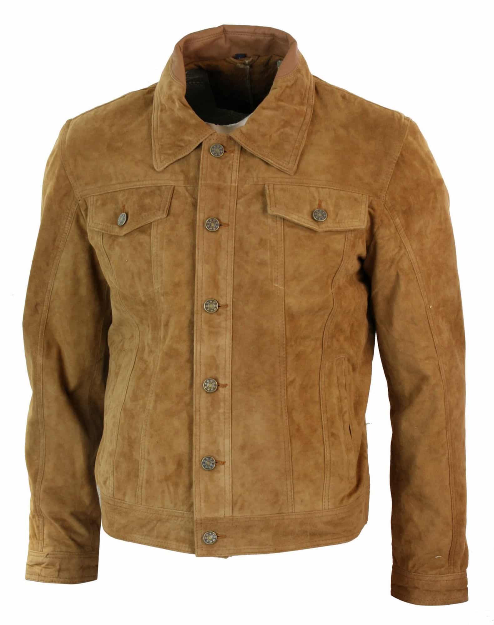 Real Suede Leather Mens Vintage Short Denim Style Retro Jean Jacket Casual - Brown Color