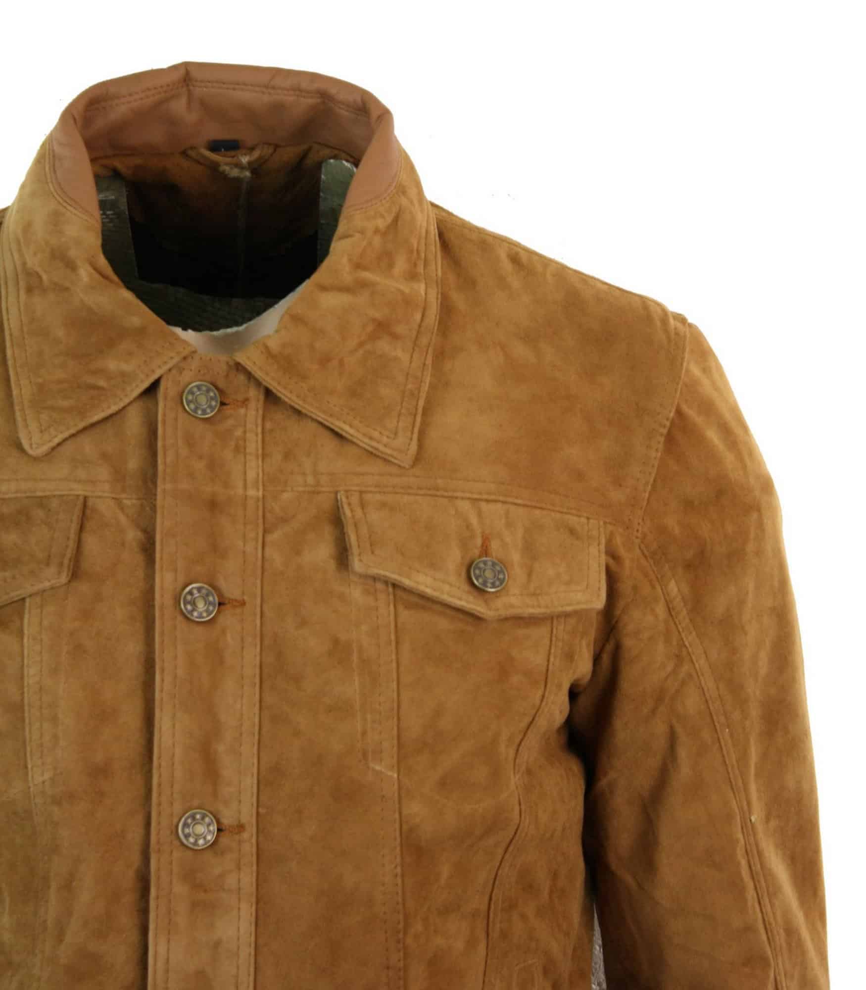 Real Suede Leather Mens Vintage Short Denim Style Retro Jean Jacket Casual - Brown Color