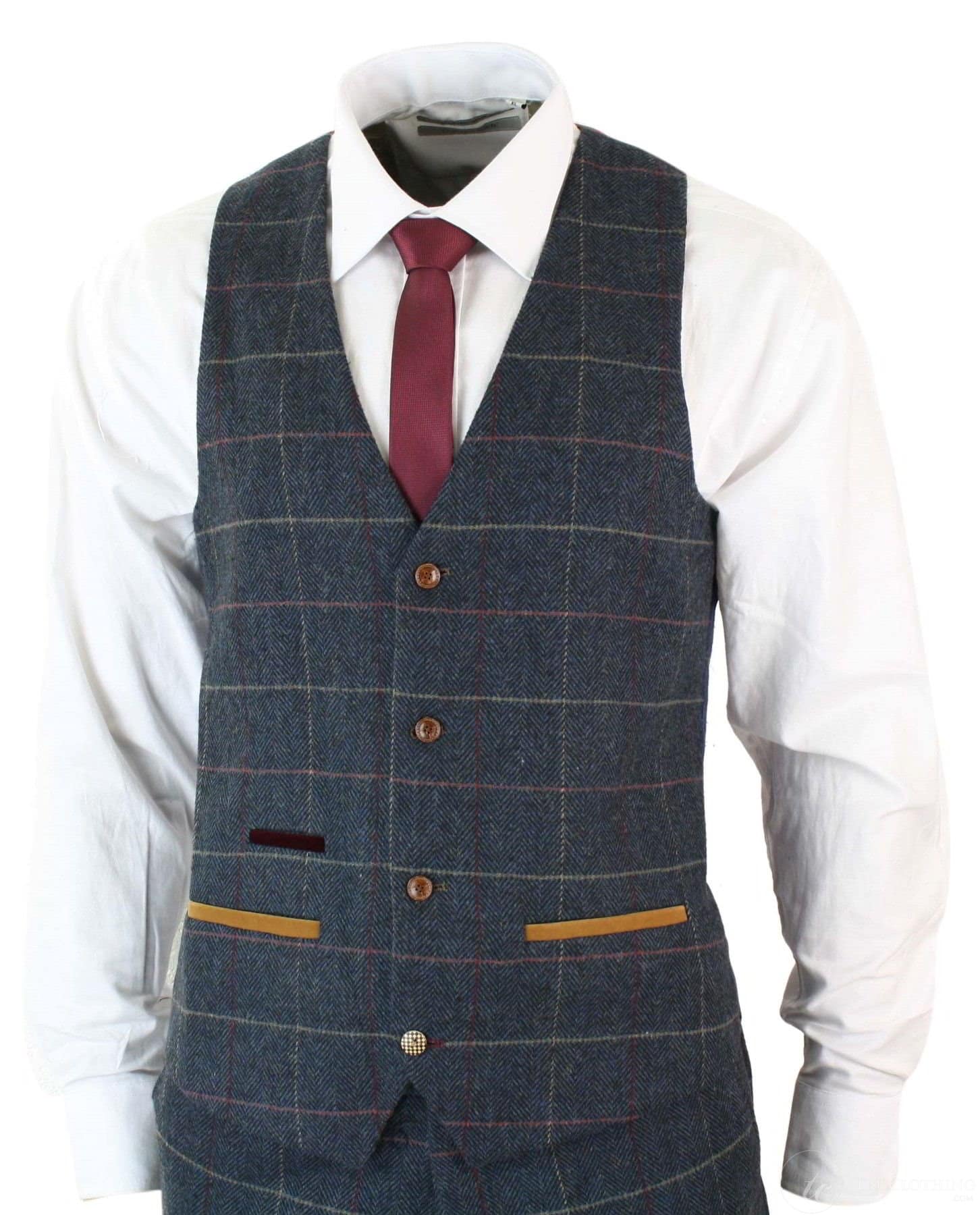 Mens Navy Blue Wine Check Herringbone Tweed Vintage 3 Piece New Marc Darcy Suit
