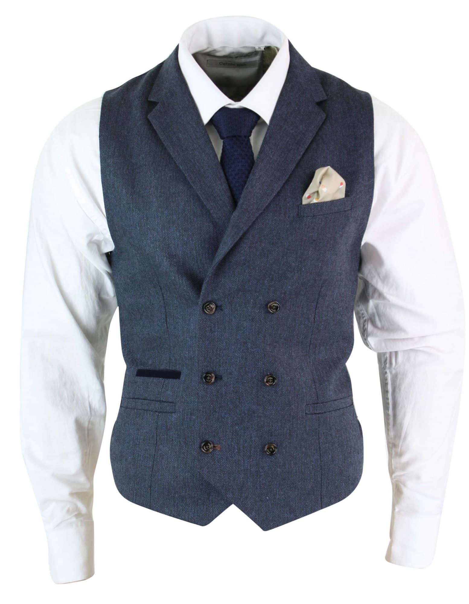 Cavani Martez - Mens Herringbone Tweed Gatsby Tommy Shelby Classic Double Breasted Waistcoat - Blue