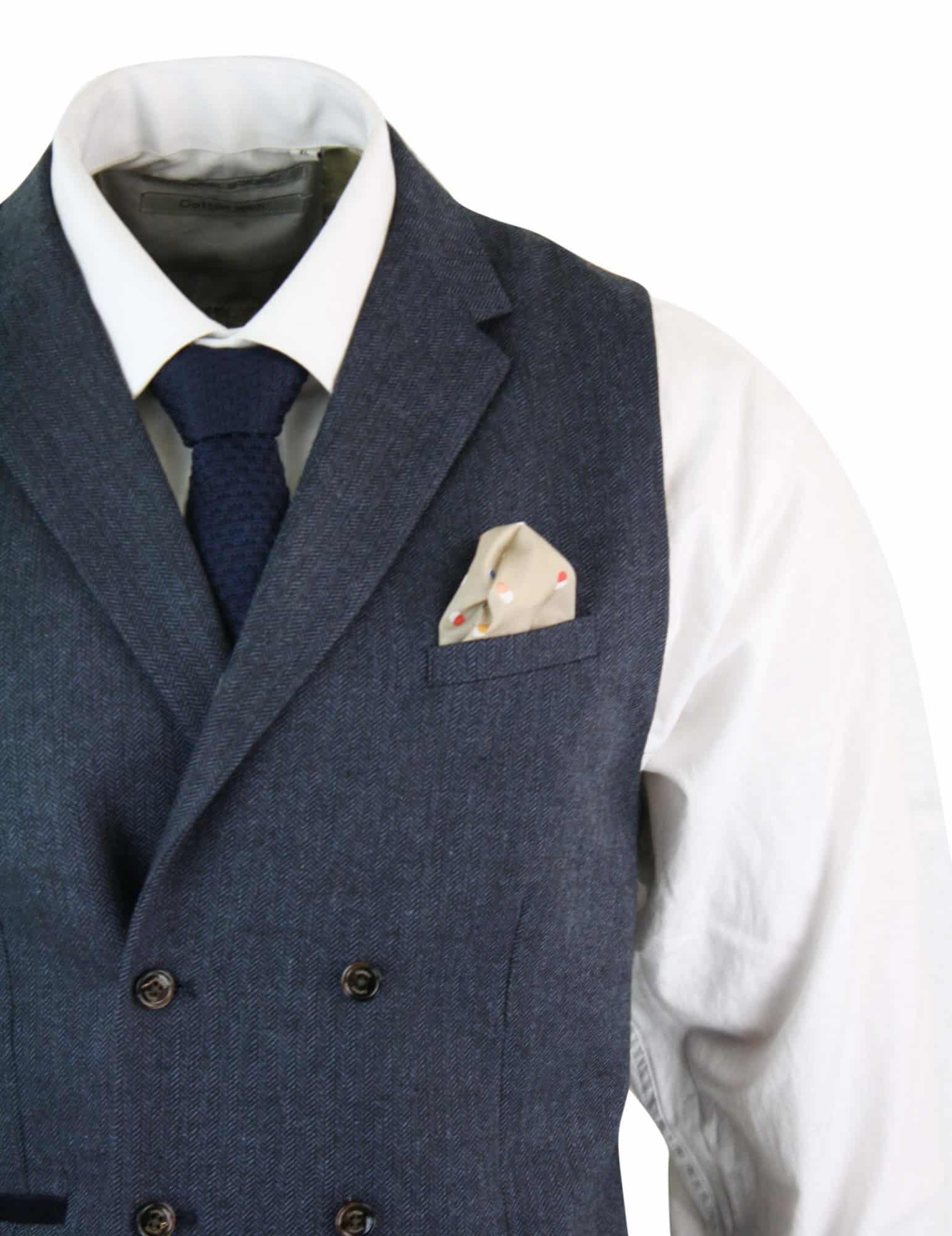 Cavani Martez - Mens Herringbone Tweed Gatsby Tommy Shelby Classic Double Breasted Waistcoat - Blue