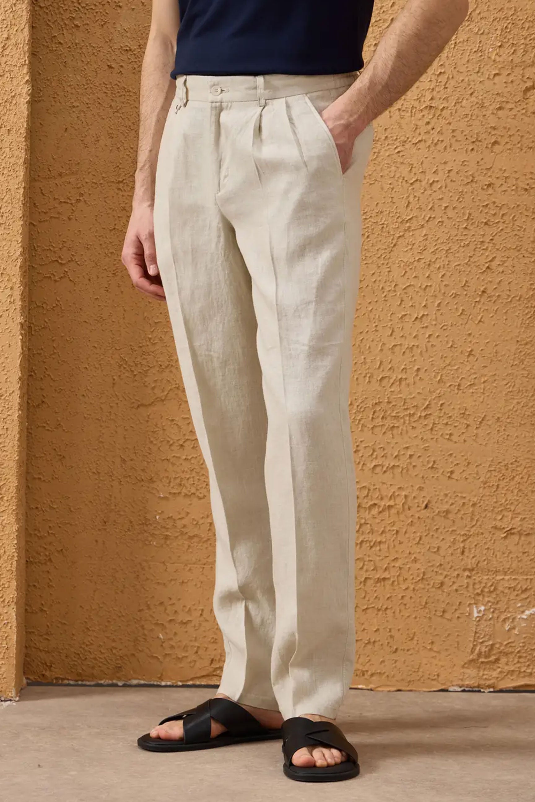 Men’s Black Zip Linen Jacket & Beige Trousers Set Smart Casual Summer Outfit