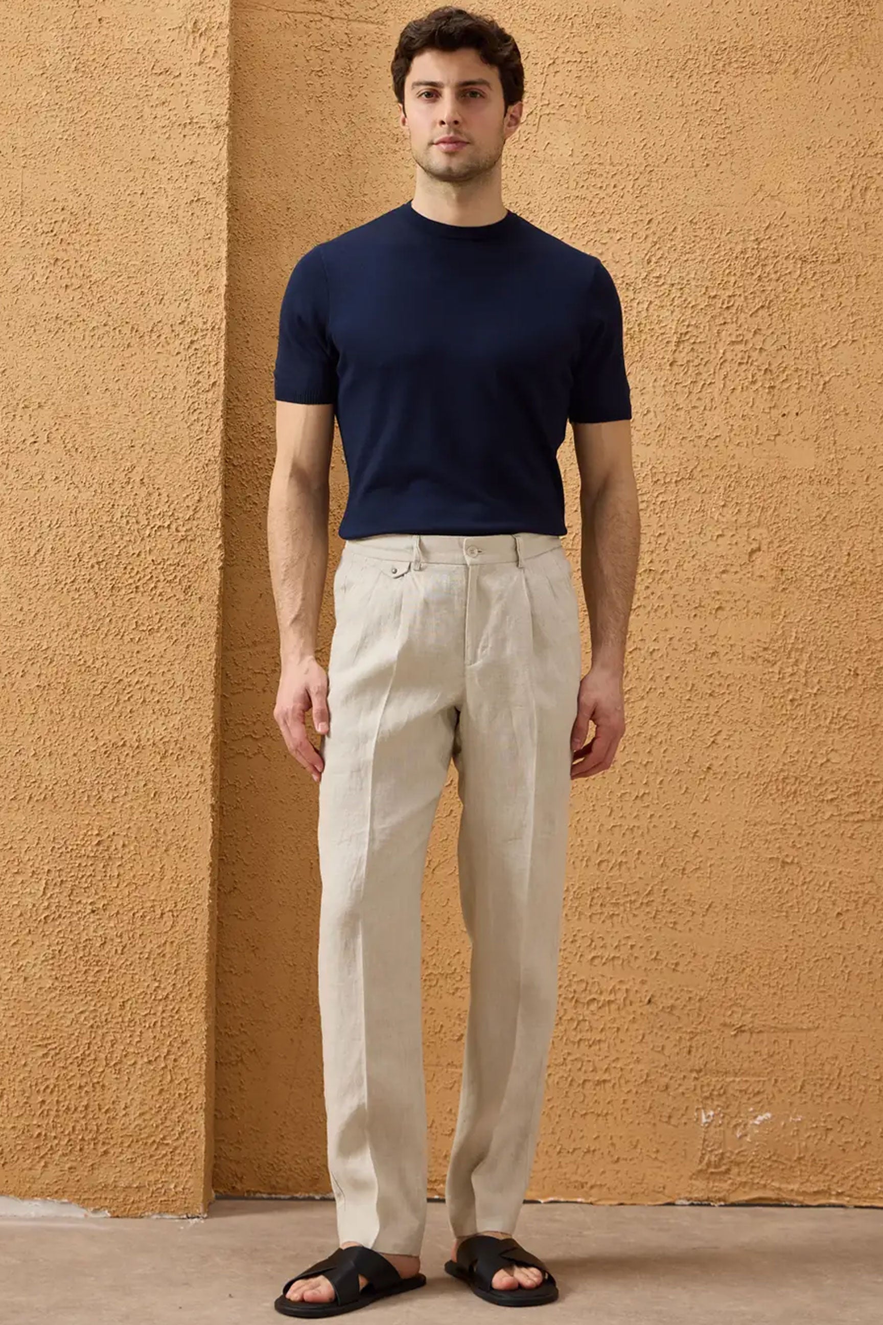 Men’s Brown Zip Linen Jacket & Beige Trousers Set Smart Casual Summer Outfit