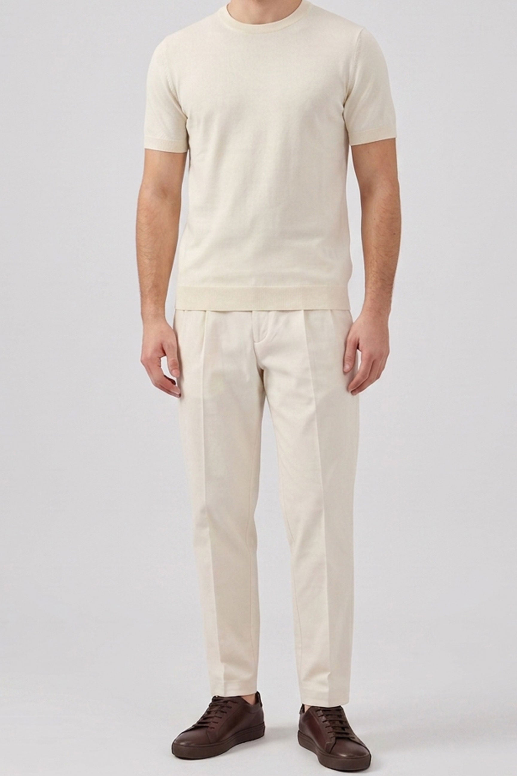 Men’s Off White Cream Knitted T Shirt Regular Fit Crew Neck Short Sleeve Top