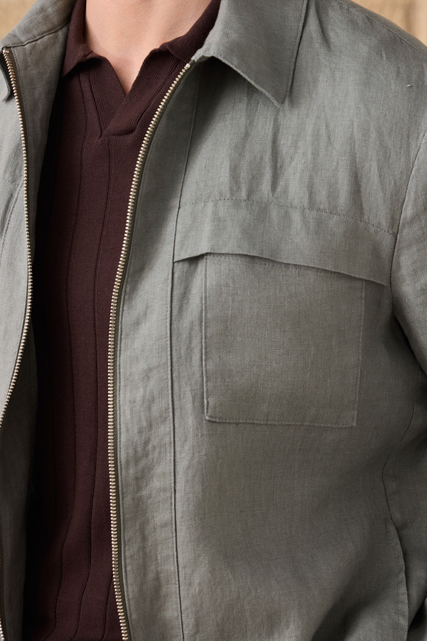 Men’s Sage Green Zip Linen Jacket & Beige Trousers Set Smart Casual Summer Outfit