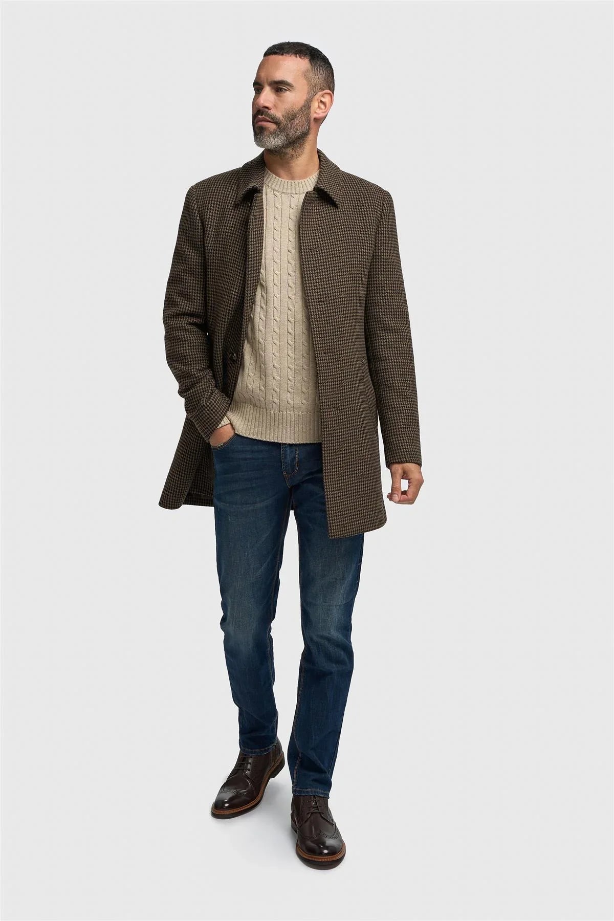 Men's Brown Wool Blend Houndstooth Tweed Overcoat