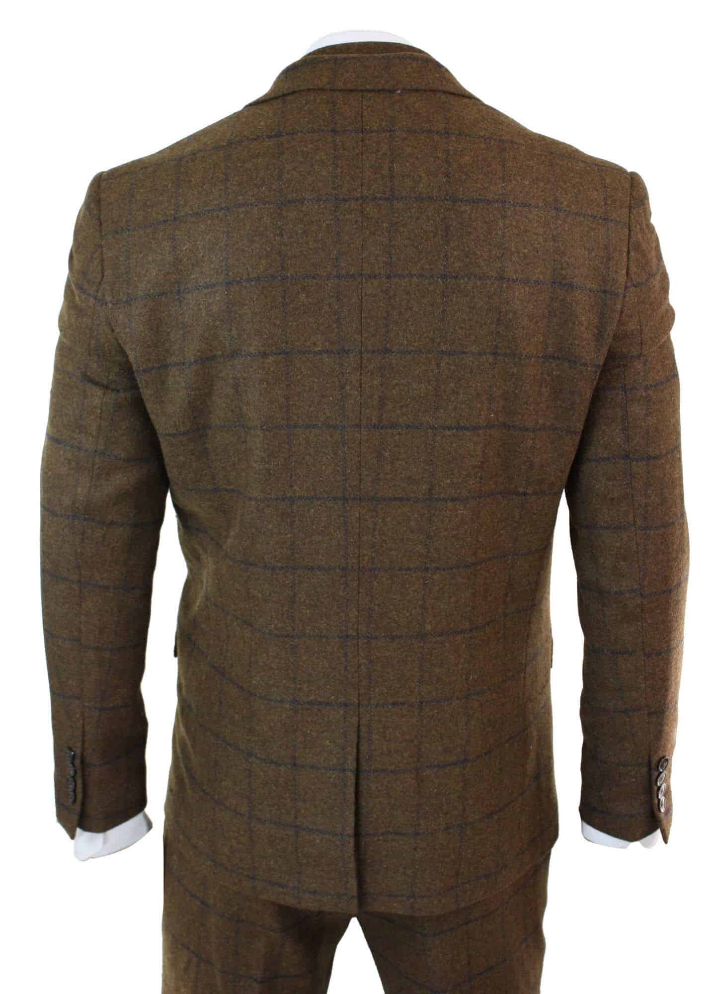 Mens Herringbone Tweed Check 3 Piece Wool Suit 1920s Vintage - Tan Brown