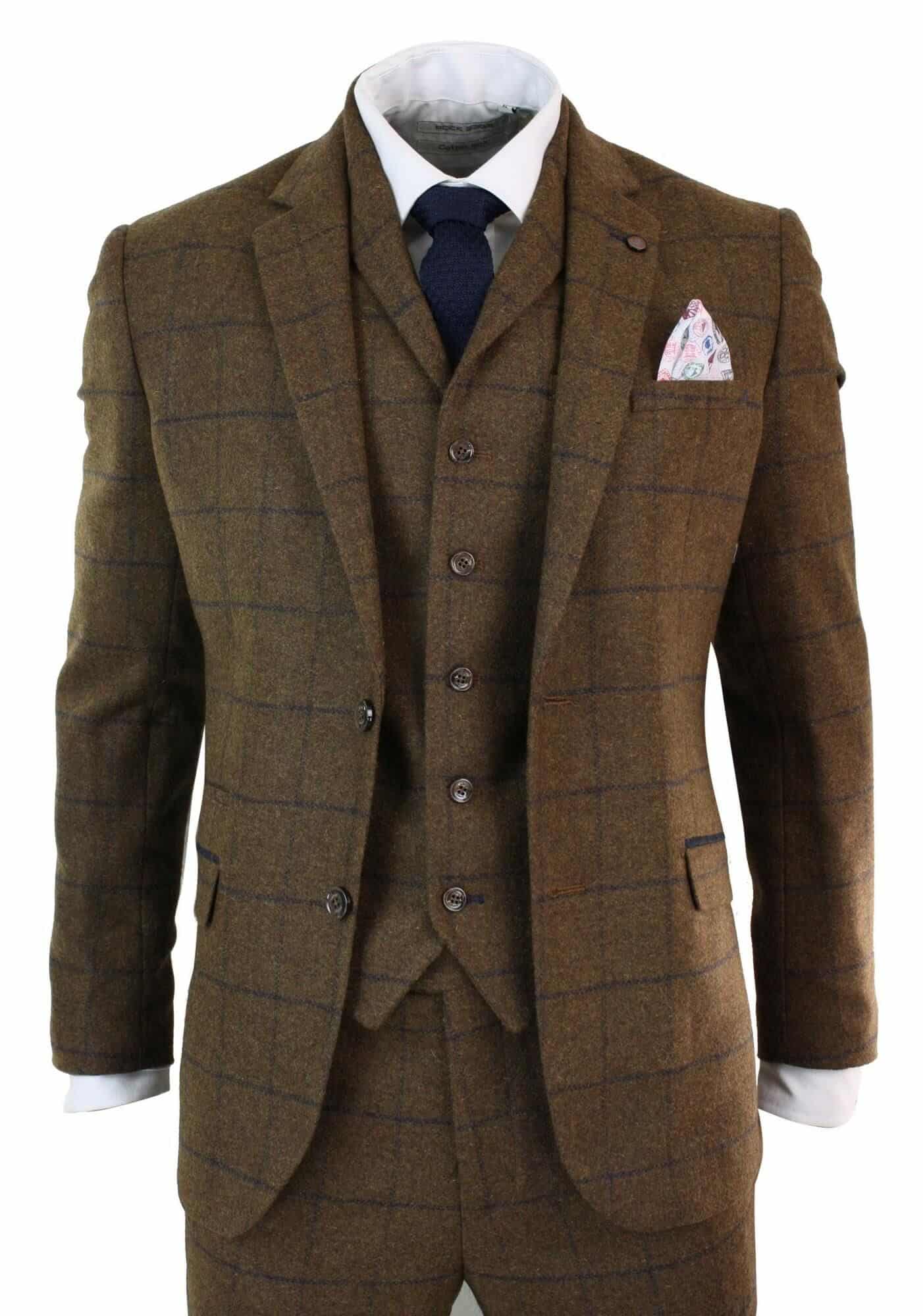 Mens Herringbone Tweed Check 3 Piece Wool Suit 1920s Vintage - Tan Brown