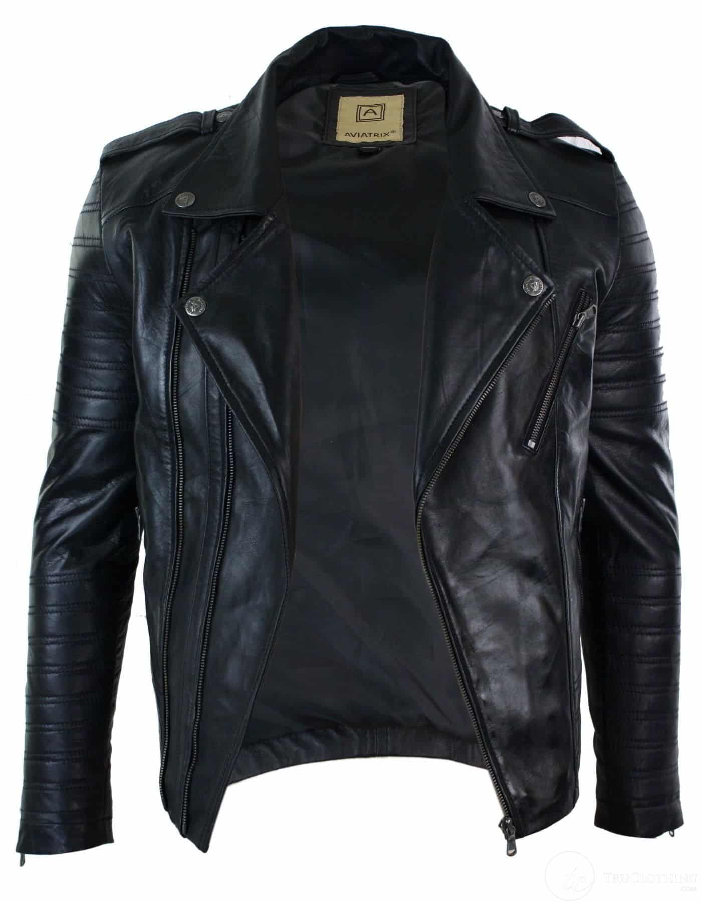 Real Leather Cross Zip Vintage Retro Mens Biker Jacket Black Urban Slim Fit-XXXL-Black