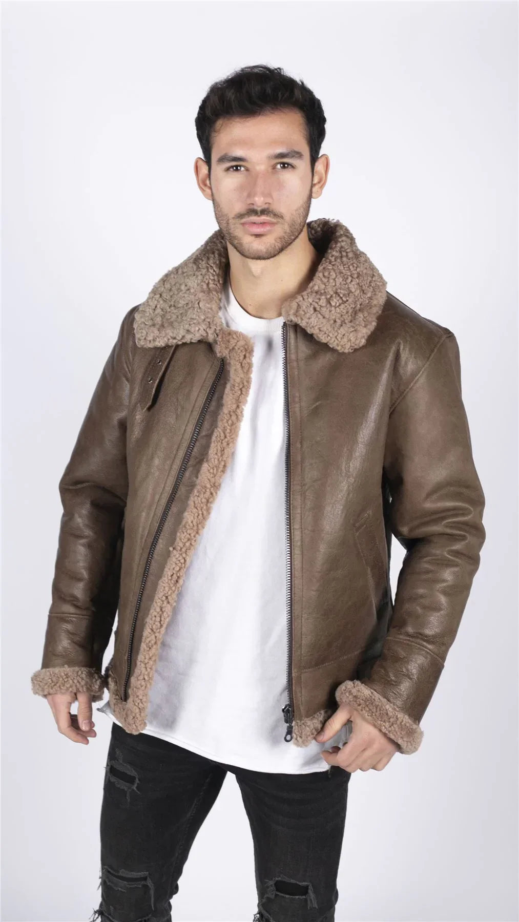Mens Genuine Sheepskin Leather B3 Flying Aviator Vintage Brown Teddy Sheep Fur