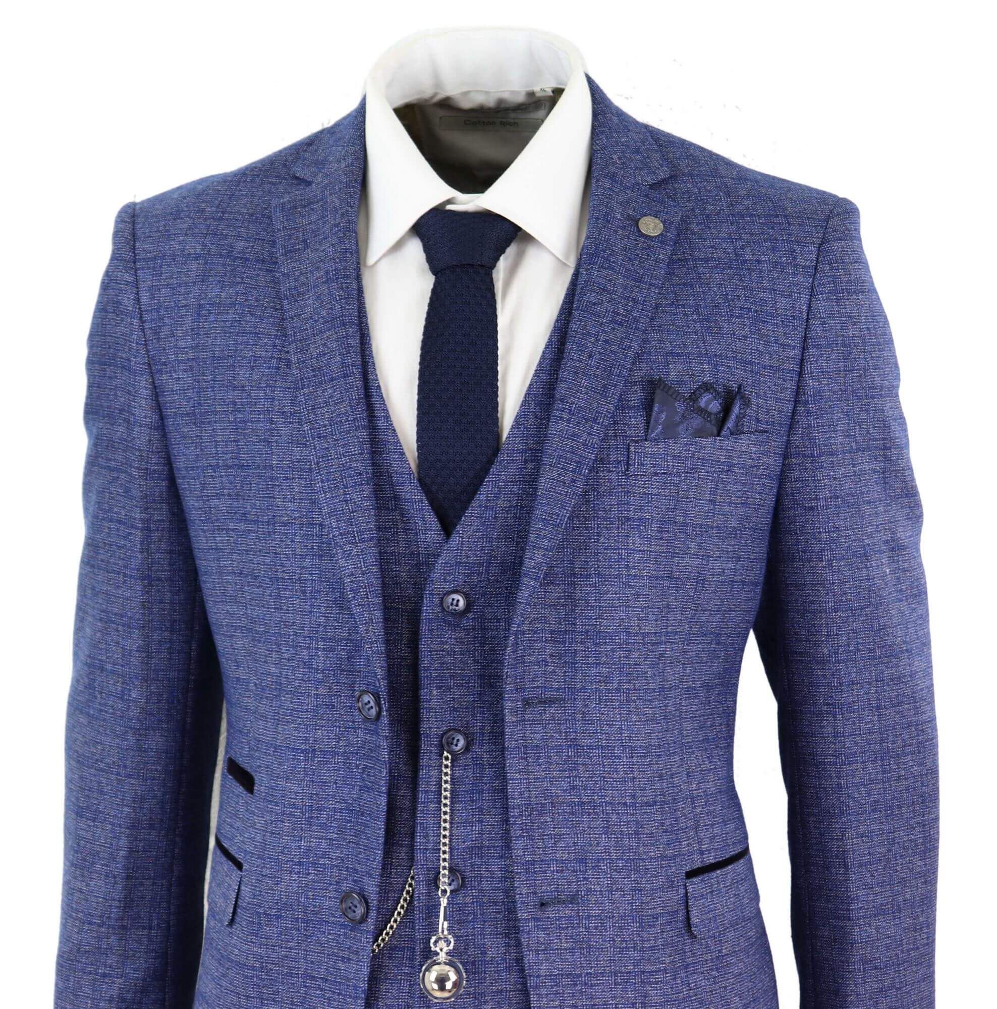 Mens Tweed Blue 3 Piece Check Suit Pocket Watch Tailored Fit 1920s Vintage