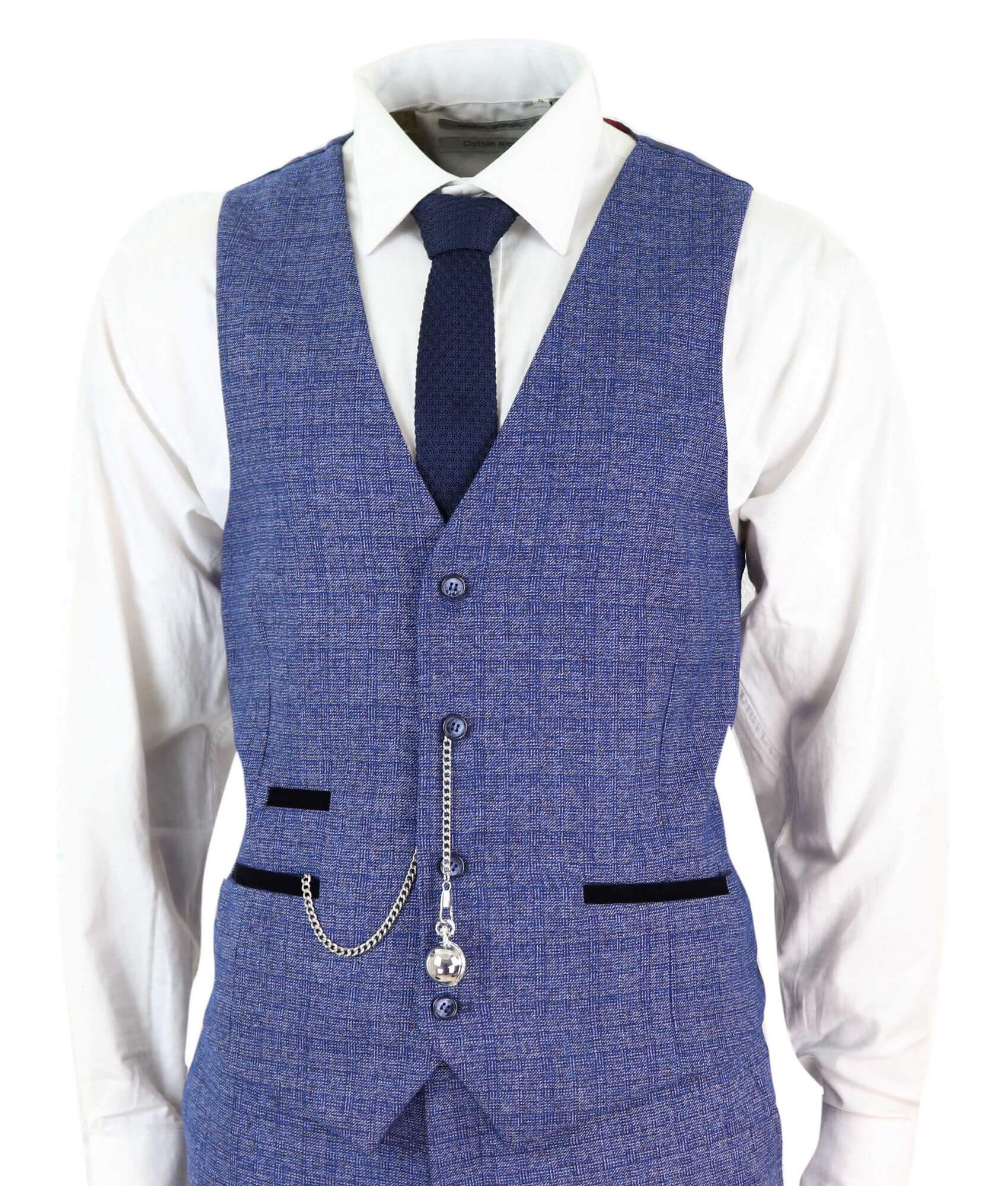 Mens Tweed Blue 3 Piece Check Suit Pocket Watch Tailored Fit 1920s Vintage
