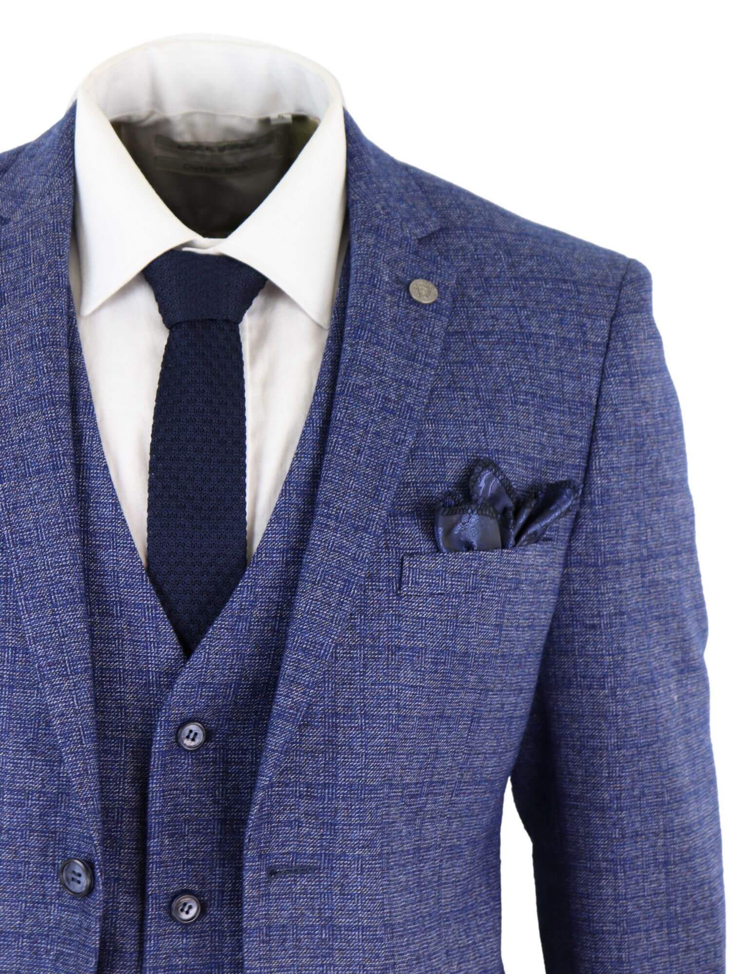 Mens Tweed Blue 3 Piece Check Suit Pocket Watch Tailored Fit 1920s Vintage