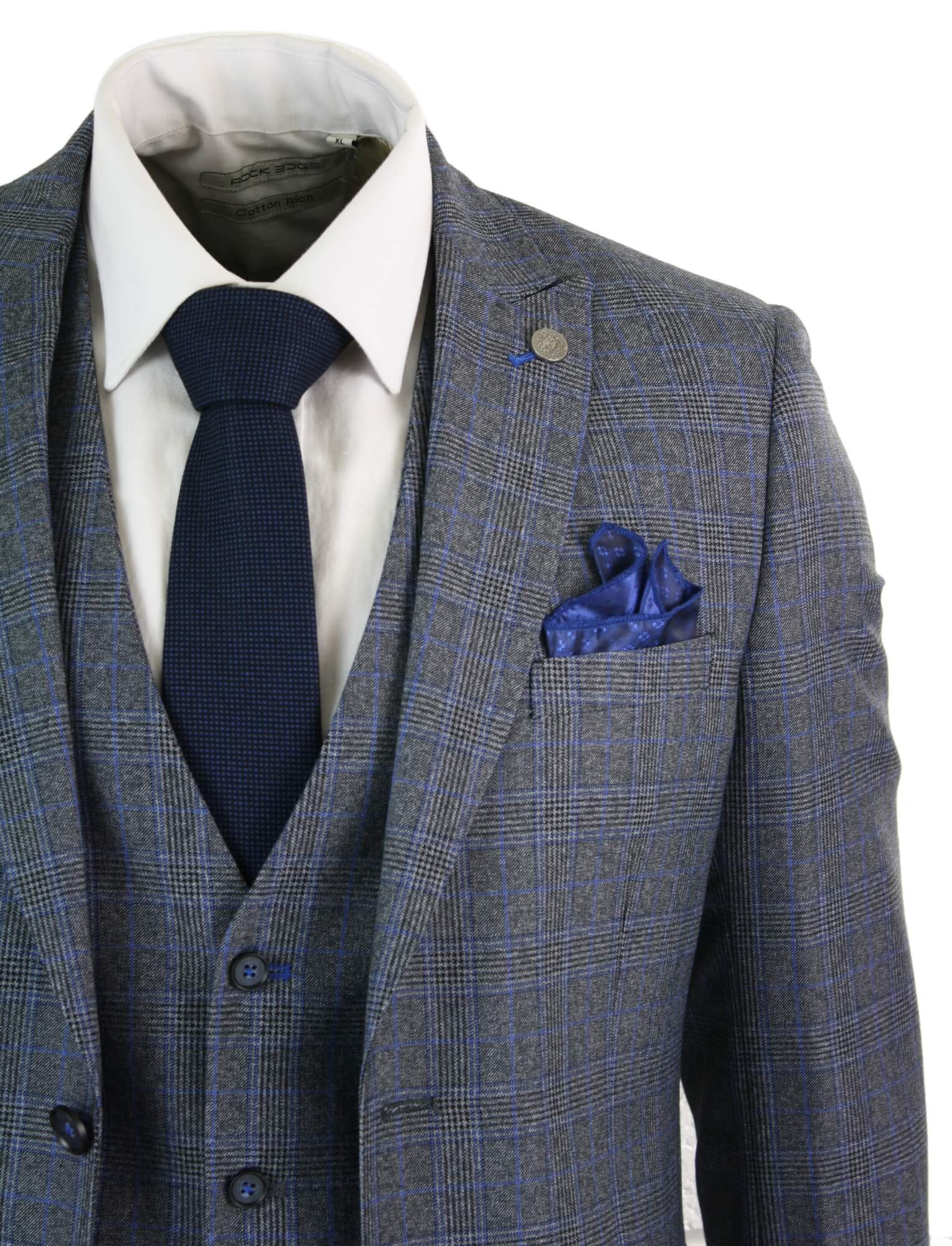 Paul Andrew Henry - Mens 3 Piece Tailored Fit Prince Of Wales Check Grey Blue Tweed Suit Vintage Retro