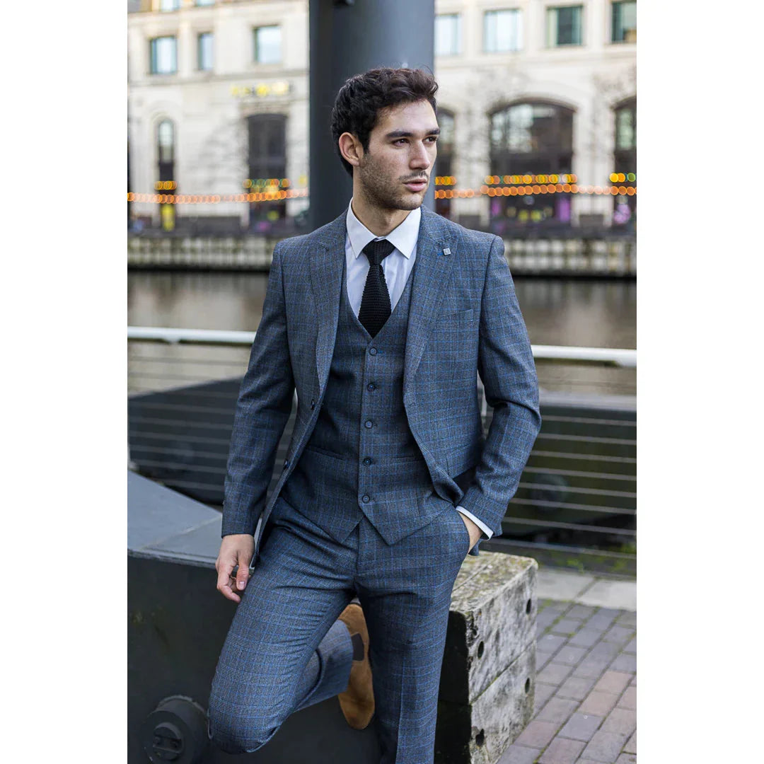 Paul Andrew Henry - Mens 3 Piece Tailored Fit Prince Of Wales Check Grey Blue Tweed Suit Vintage Retro