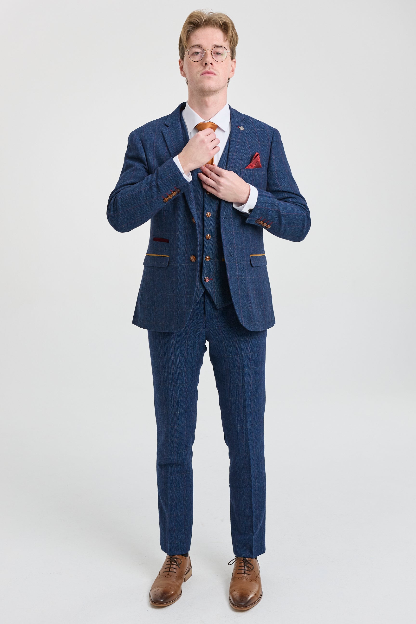 Scott Men's Blue 3-Piece Tweed Check Suit