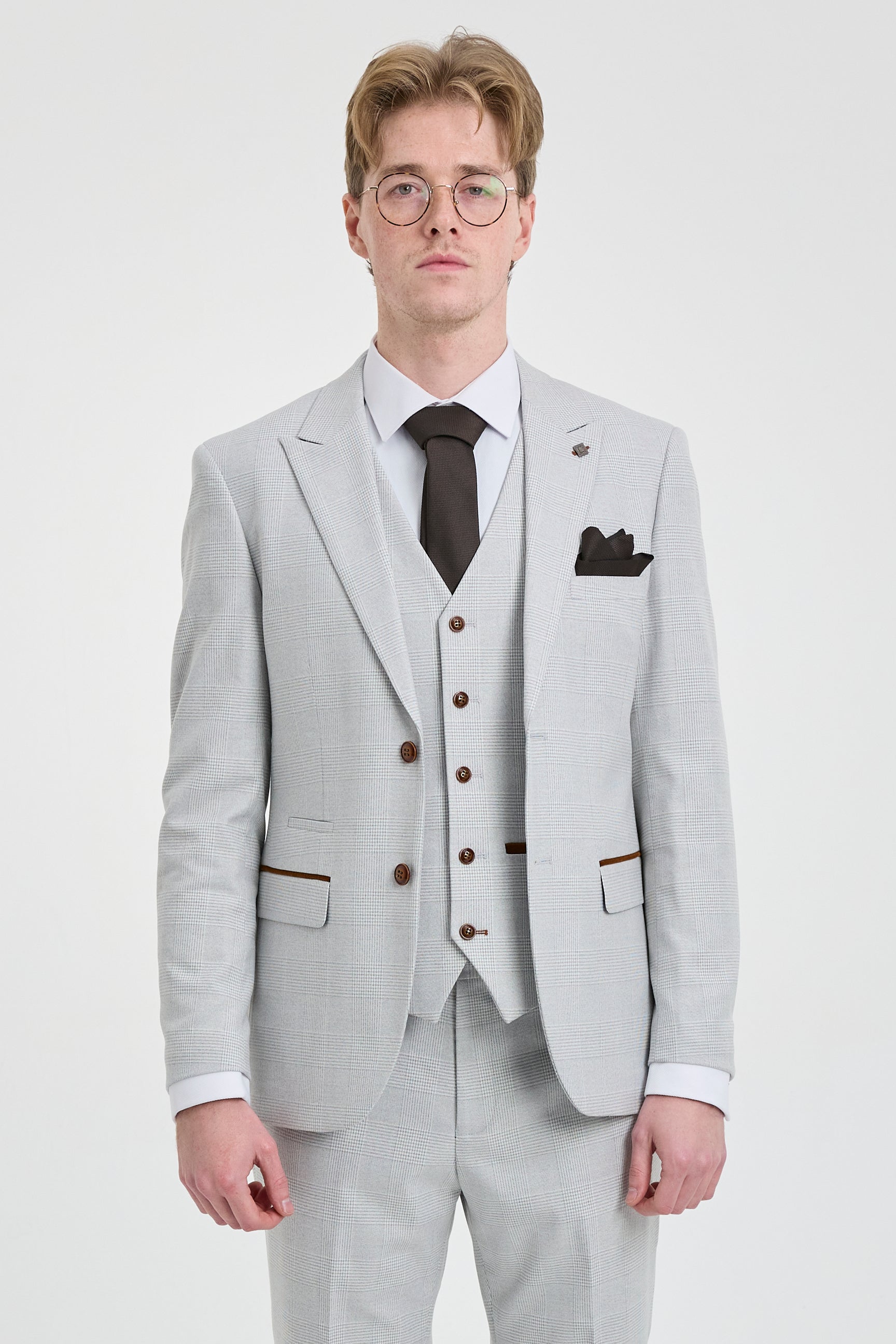 Mark Men's Grey Stone 3-Piece Tweed Check Suit with Brown Trim for Weddings and Proms