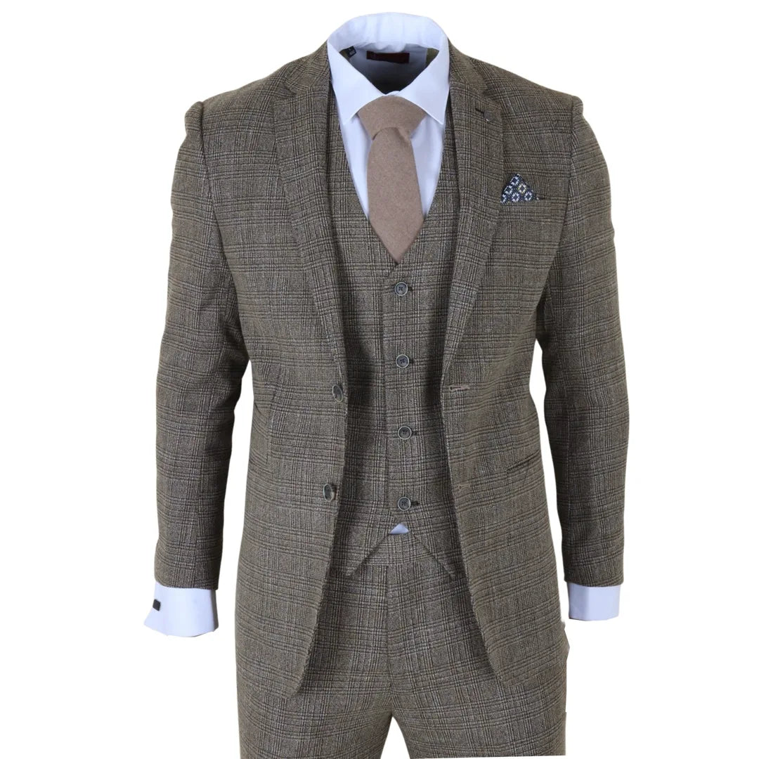 Men's Tan Brown Classic Check Slim Fit 3 Piece Suit