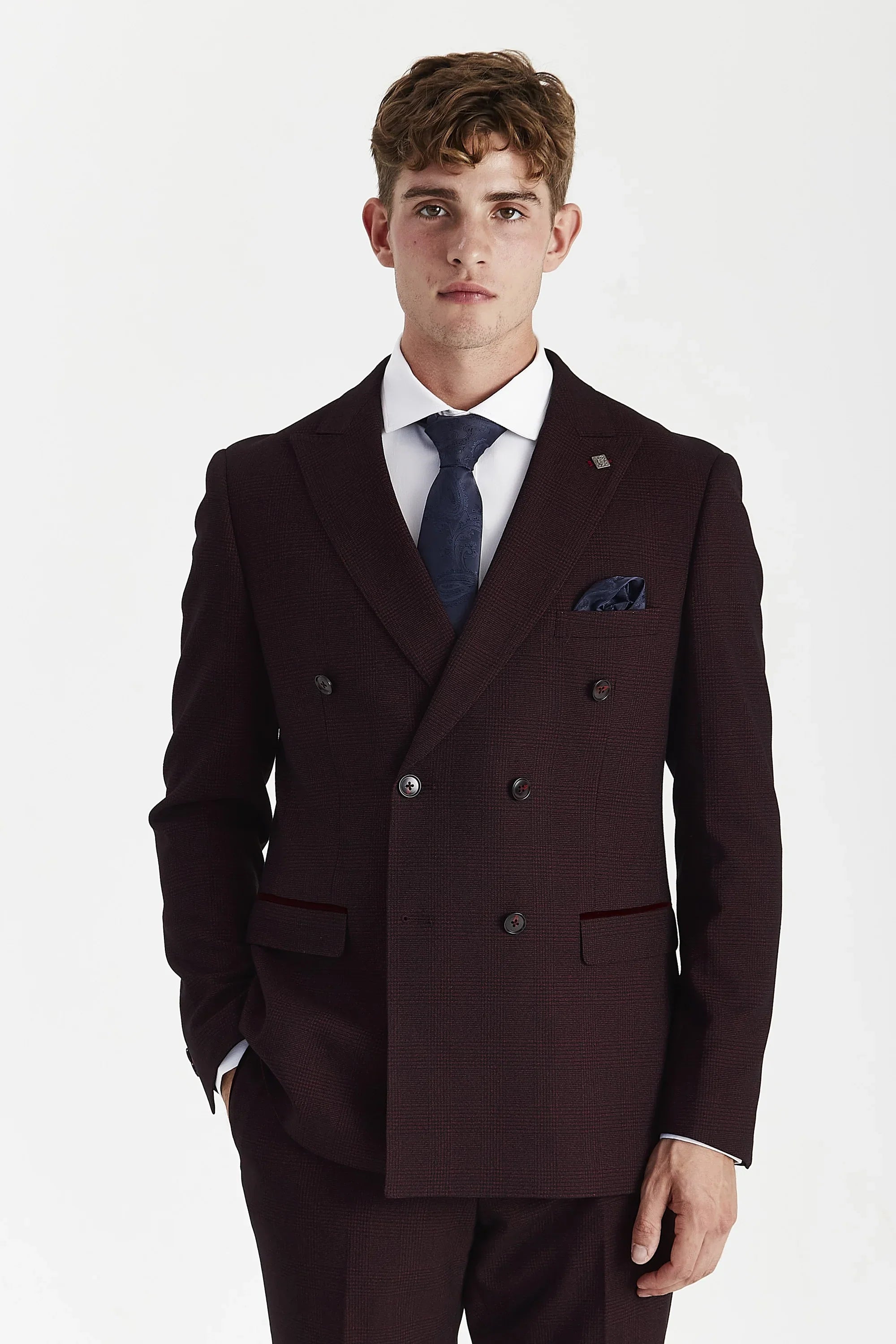 Regent - Brugundy Checked Double Breasted Blazer for Men