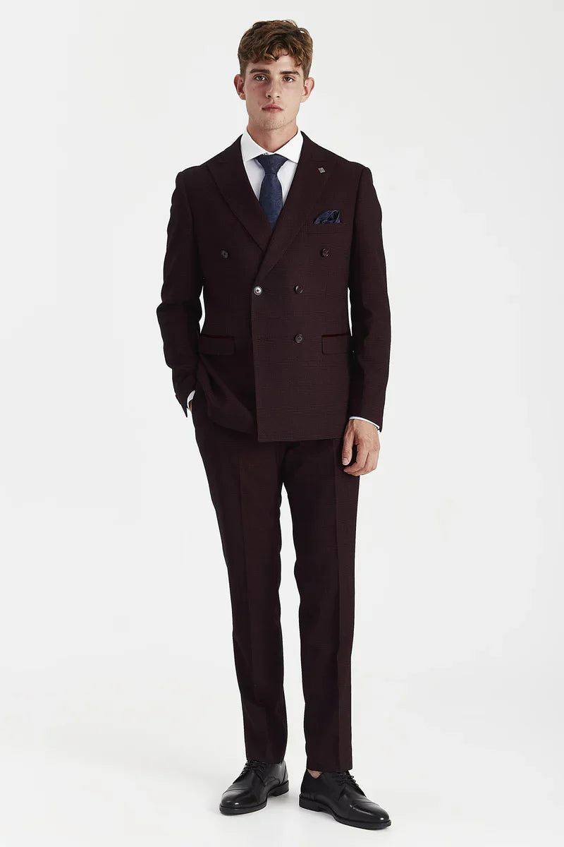 Regent - Brugundy Checked Double Breasted Blazer for Men