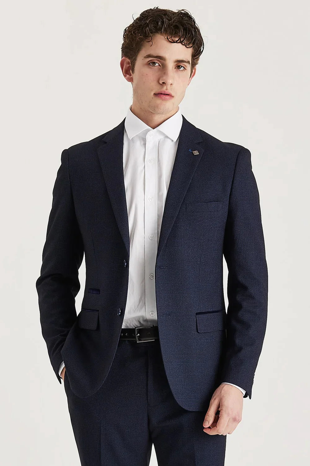 Regent - Men's Navy Checked Tailored Fit Blazer