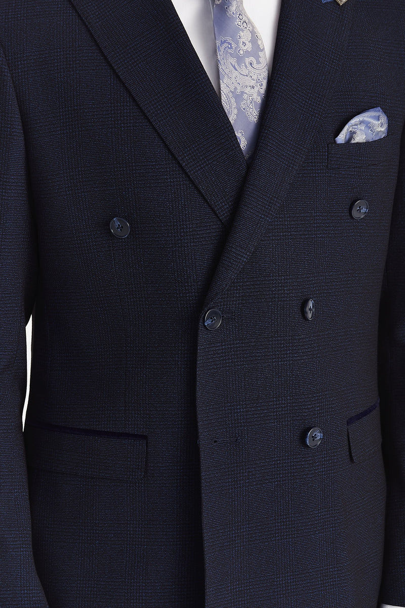 Regent - Navy Checked Double Breasted Blazer for Men