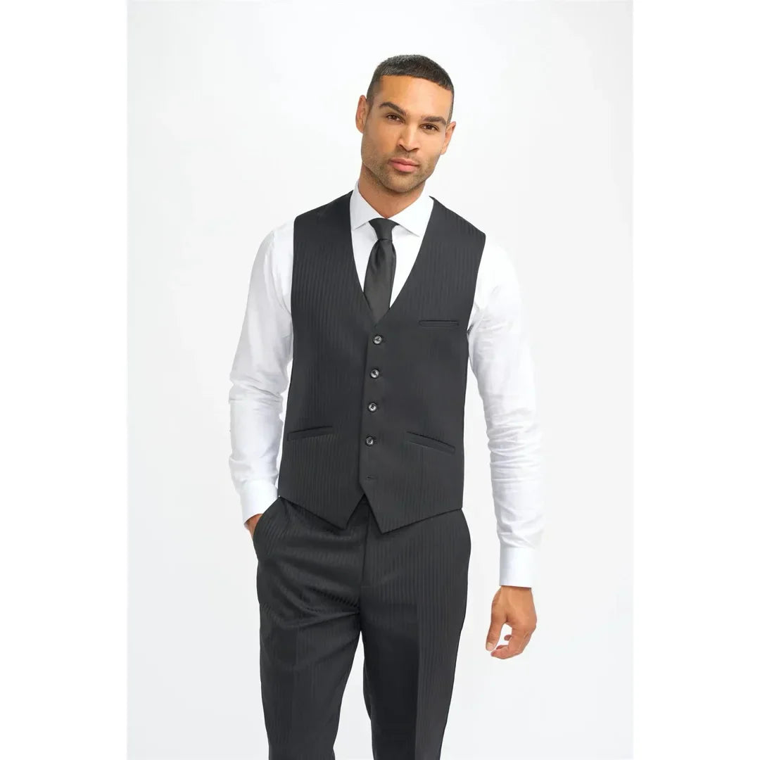 Roberto - Men's Black Shadow Stripes Waistcoat