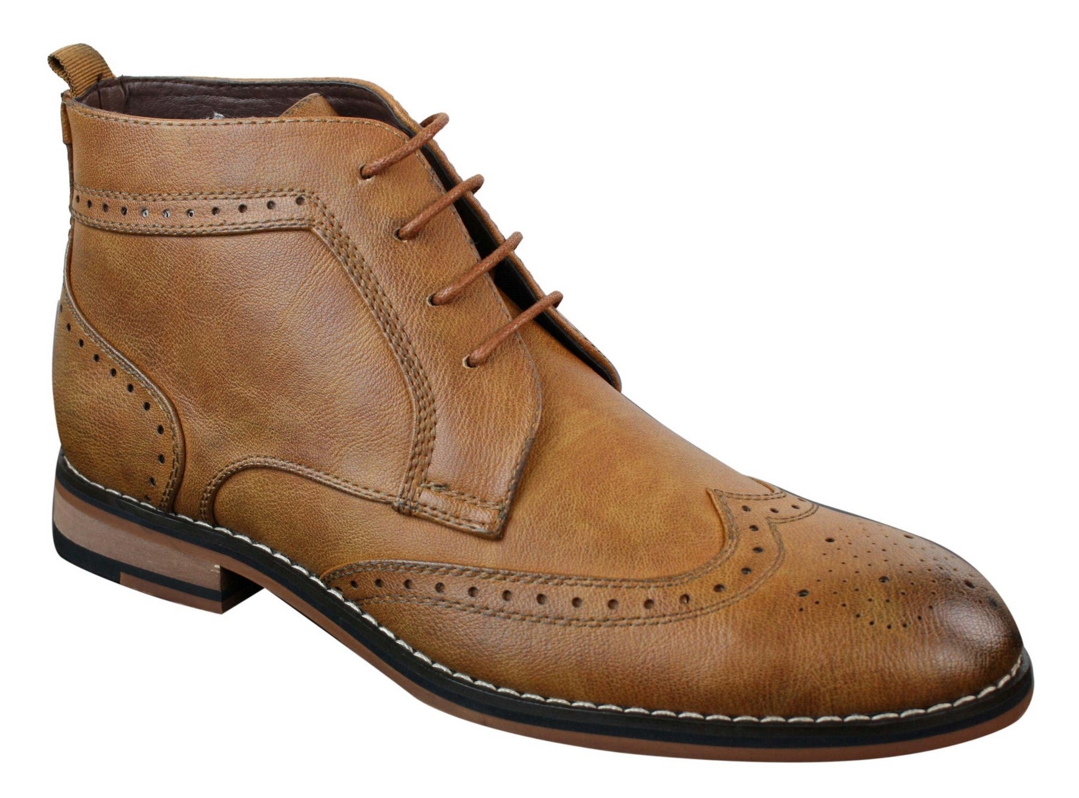 Mens Slip On & Laced Tan Brown Military Brouge Boots Smart Casual Leather Lined