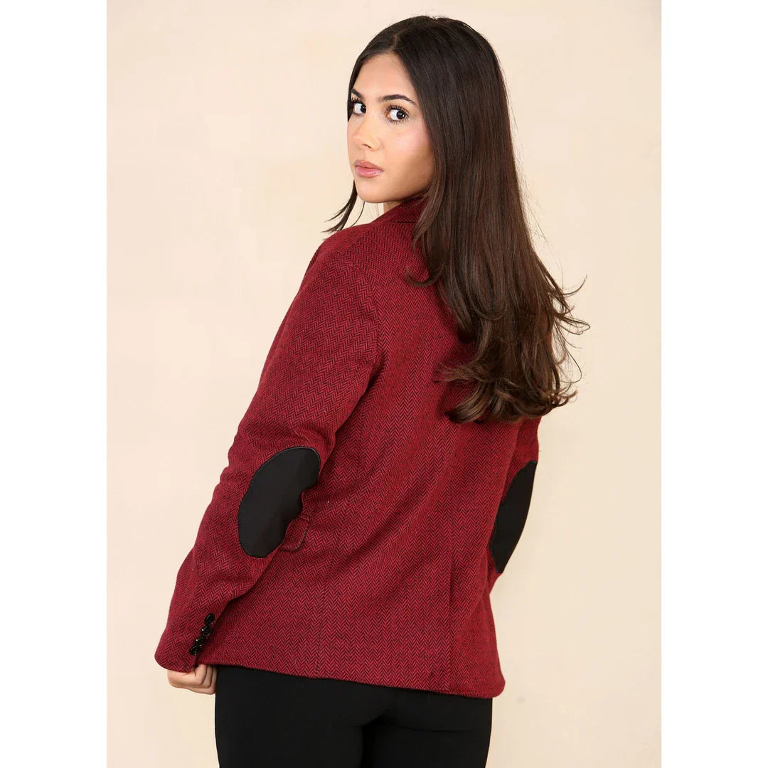 Women's Tweed Herringbone Blazer Jacket Wine Red Classic 1920s