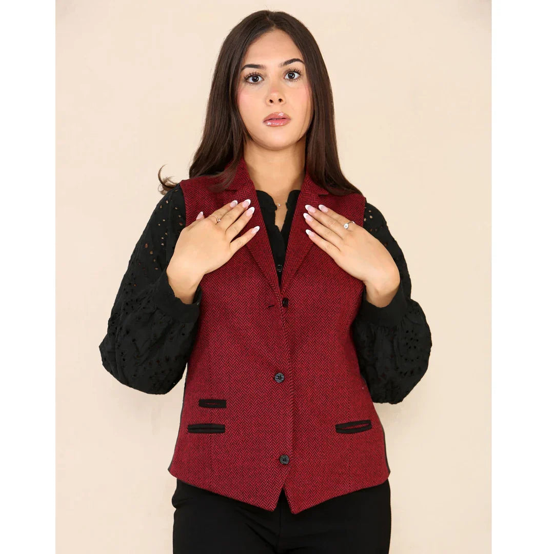 Women's Tweed Herringbone Waistcoat  Wine Red Classic 1920s