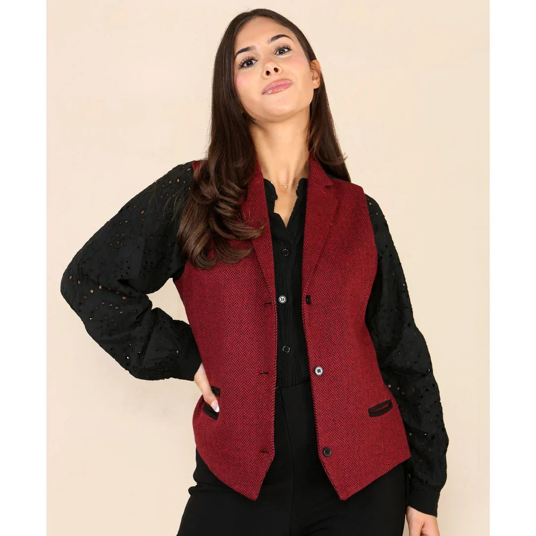 Women's Tweed Herringbone Waistcoat  Wine Red Classic 1920s