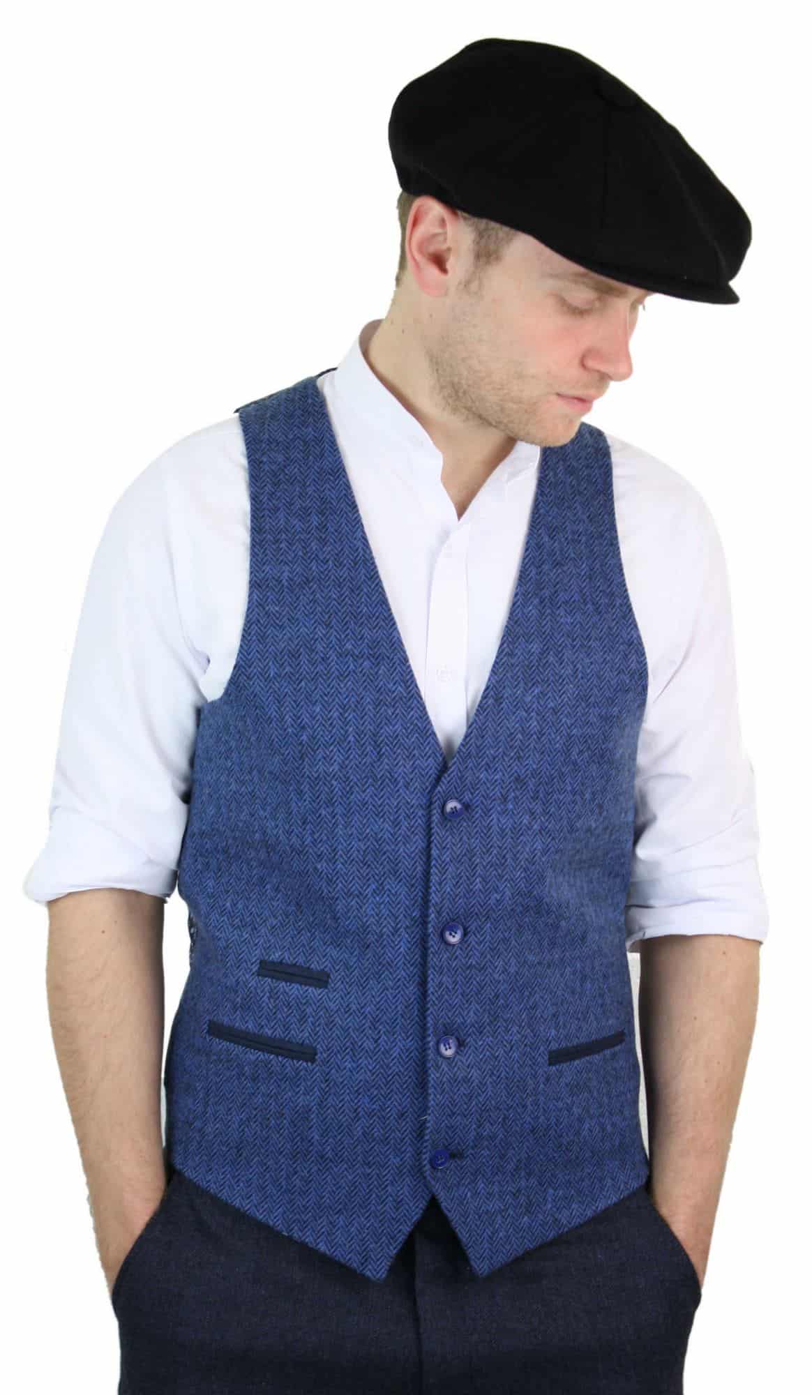 Mens Blue Waistcoat Tweed Herringbone Wool 1920s Vintage Vintage Retro