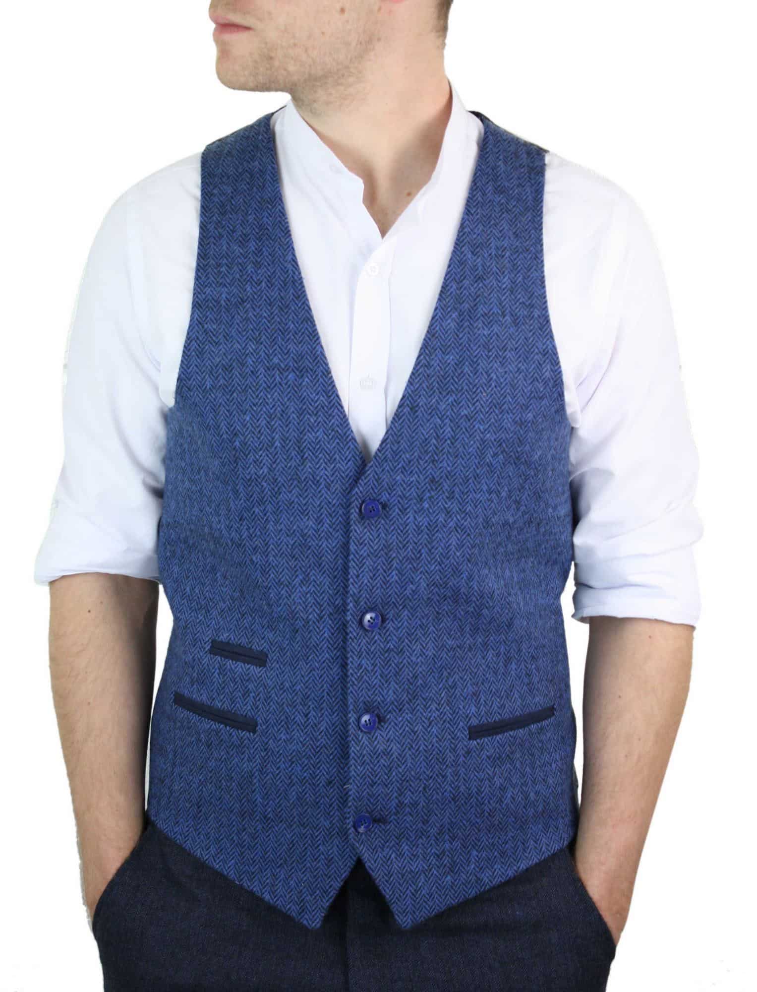 Mens Blue Waistcoat Tweed Herringbone Wool 1920s Vintage Vintage Retro