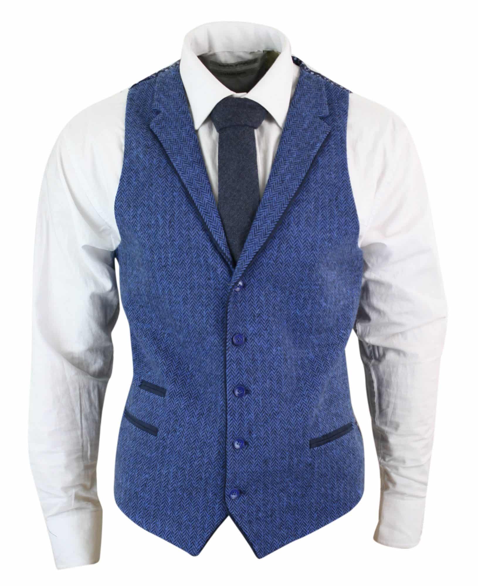 Mens Blue Waistcoat Tweed Herringbone Wool 1920s Vintage Vintage Retro