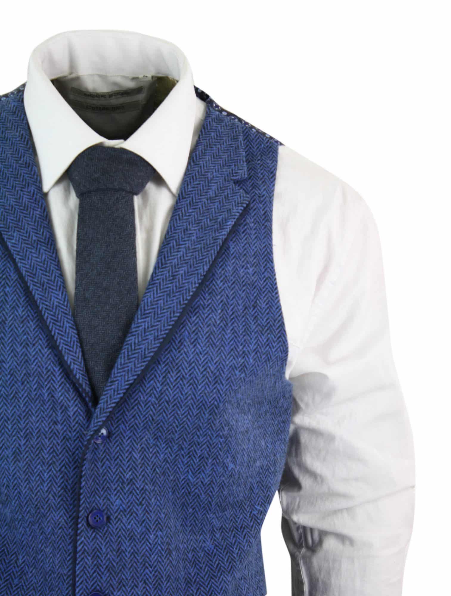 Mens Blue Waistcoat Tweed Herringbone Wool 1920s Vintage Vintage Retro