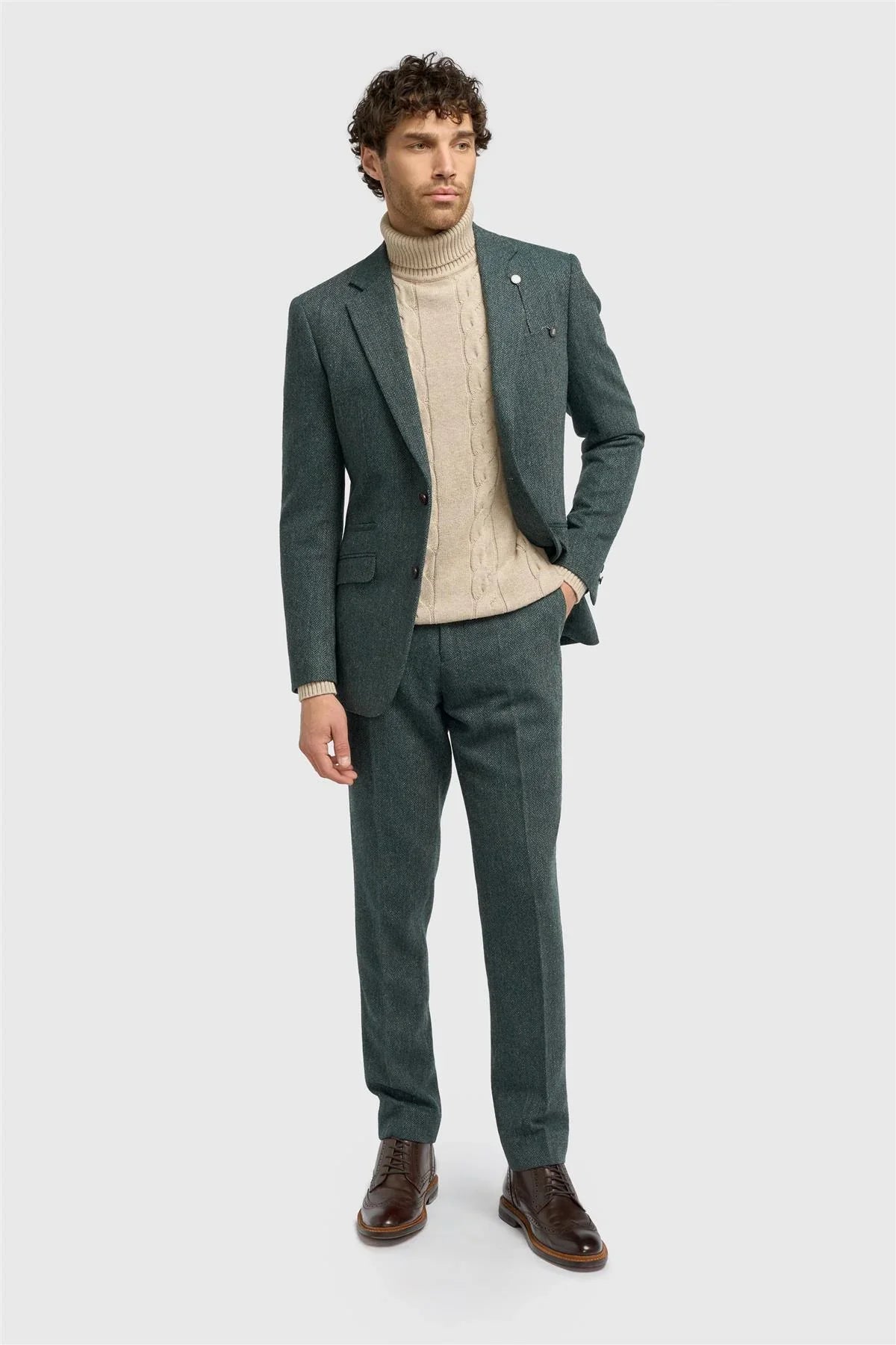 Thomas - Men's Olive Green Classic Herringbone Tweed Blazer