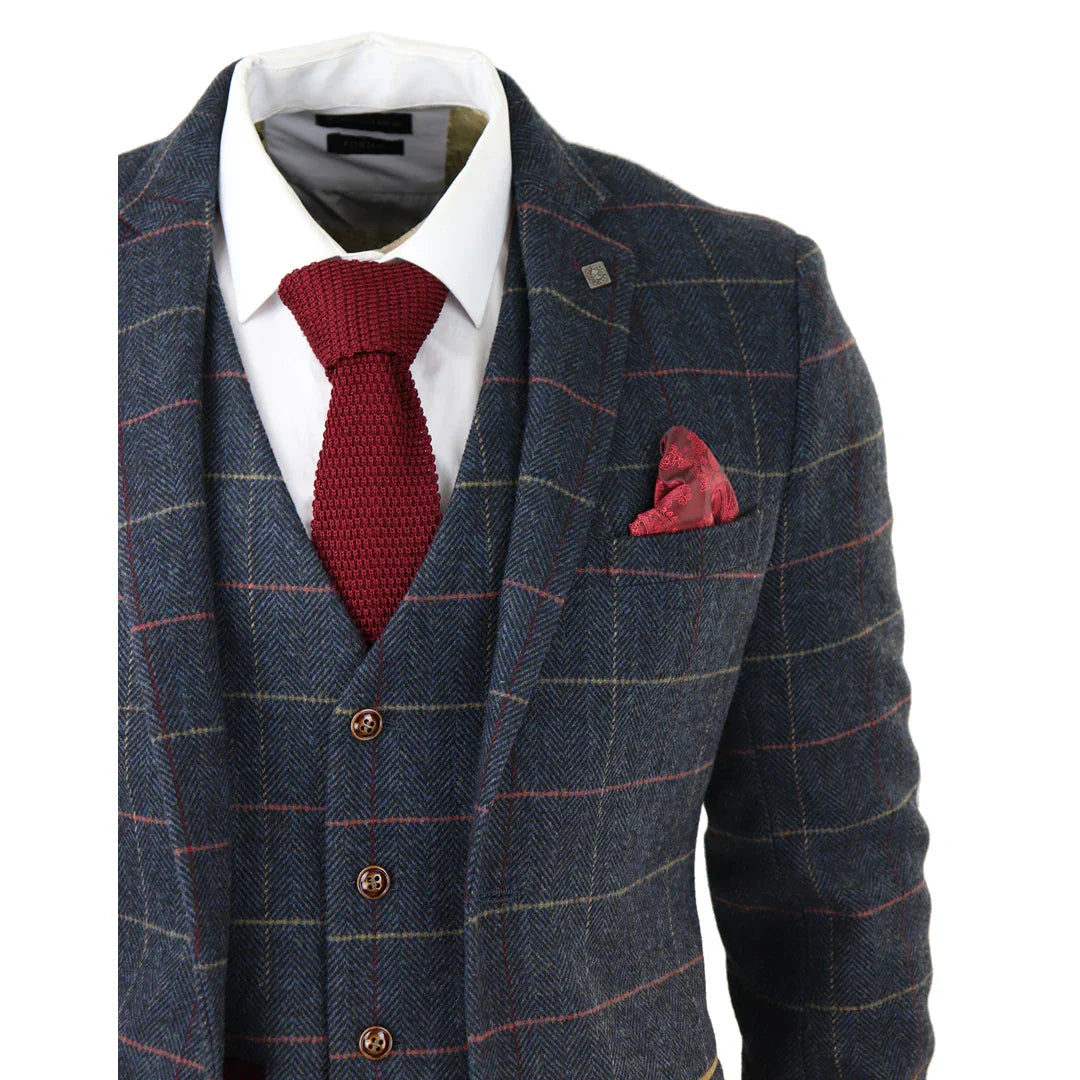 Thomas Men's Navy 3-Piece Tweed Check Suit
