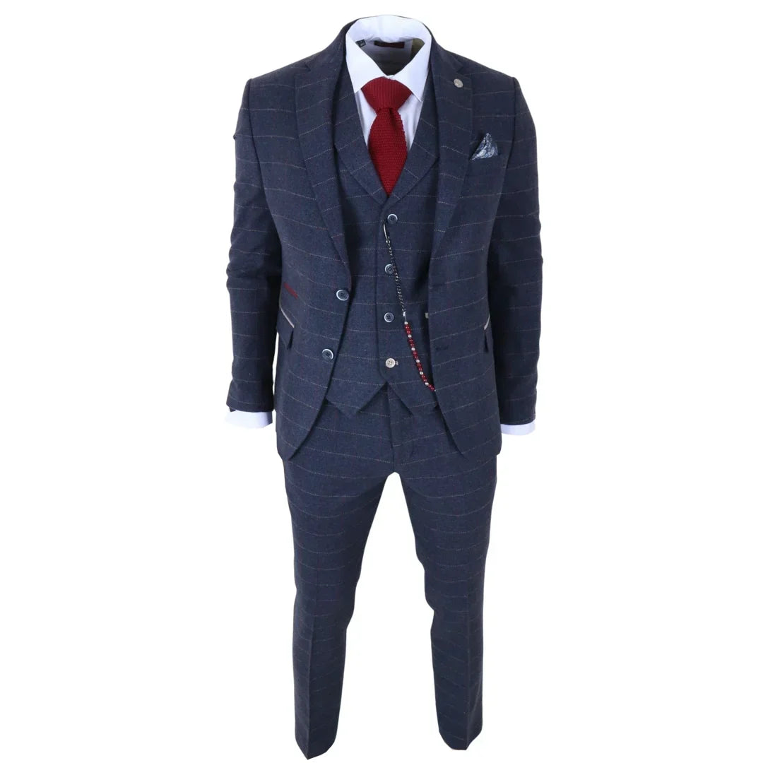 TP-32 - Gatsby Style Navy Blue 3 Piece Wool Blend Tweed Suit for Men