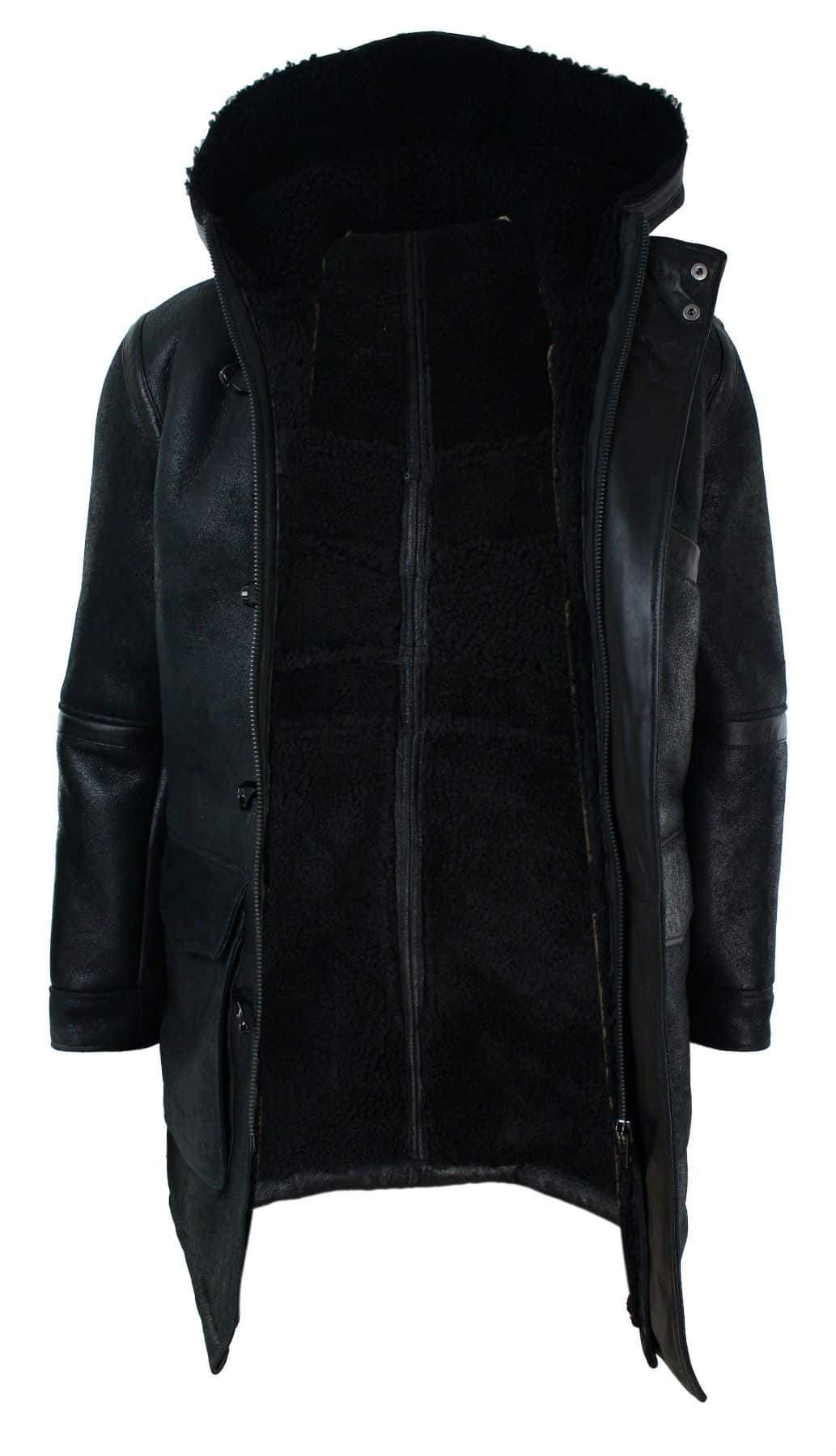 Mens Real Shearling Sheepskin 3/4 Hood Duffle Jacket Black Fur Warm Winter