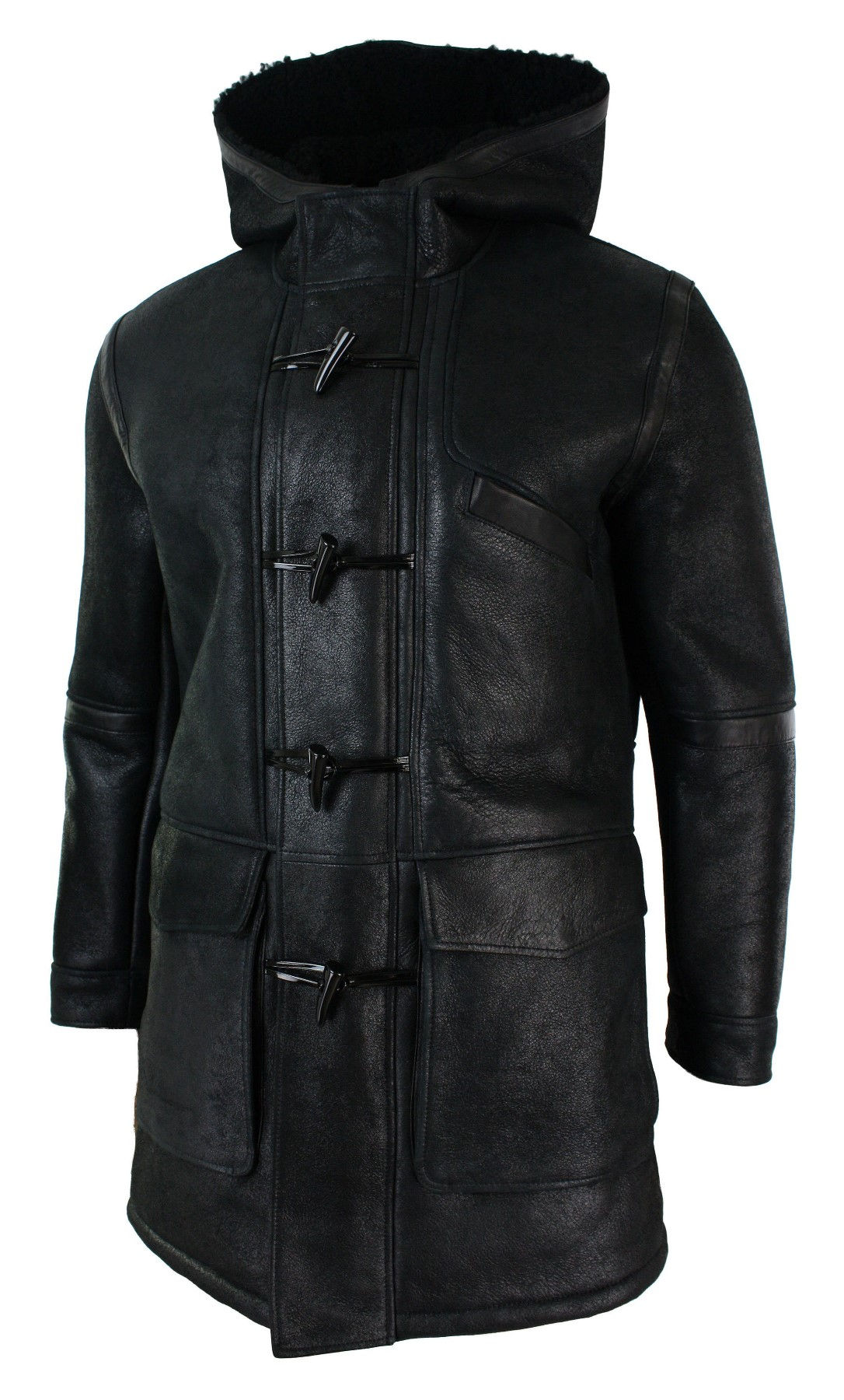 Mens Real Shearling Sheepskin 3/4 Hood Duffle Jacket Black Fur Warm Winter