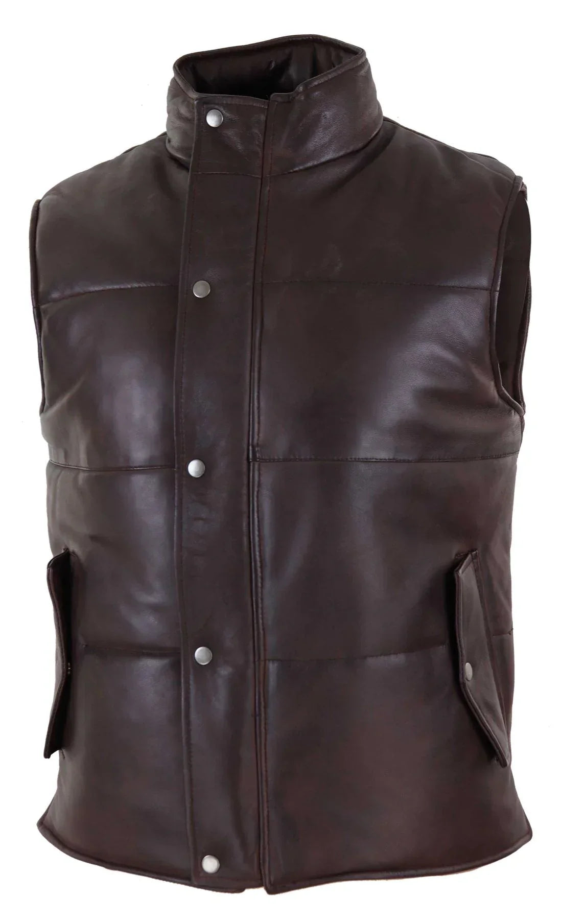 Mens Real Leather Waistcoat Gilet Quilted Puffer Design Warm Zip Casual Brown