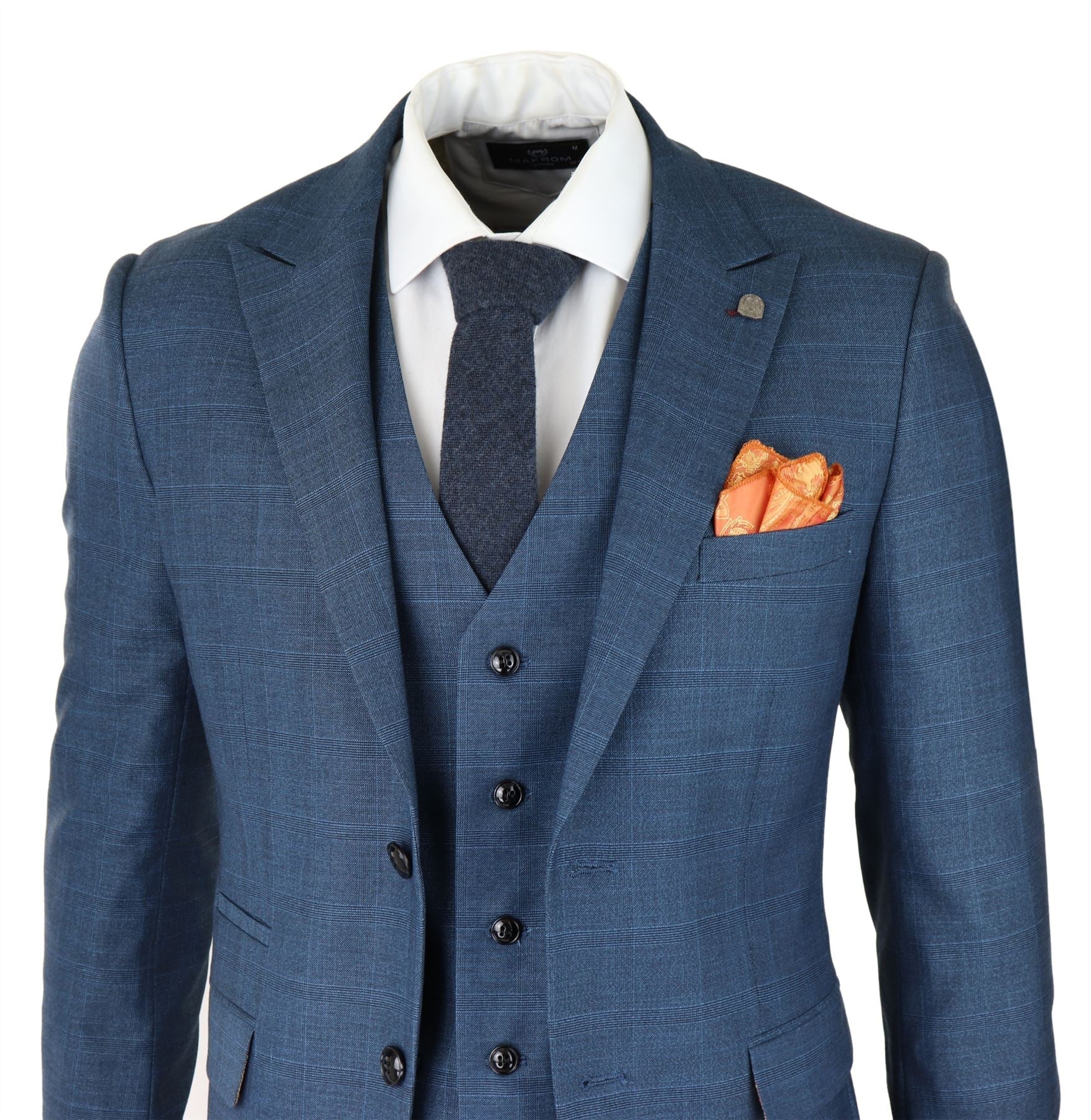 Mens 3 Piece Prince Of Wales Check Suit Blue Classic Light Tailored Fit Modern