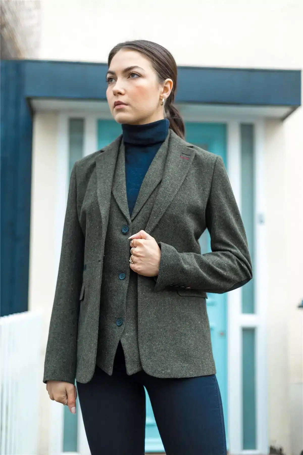 Womens Blazer Suit Wool Tweed Elbow Patch 1920s Vintage Classic Green