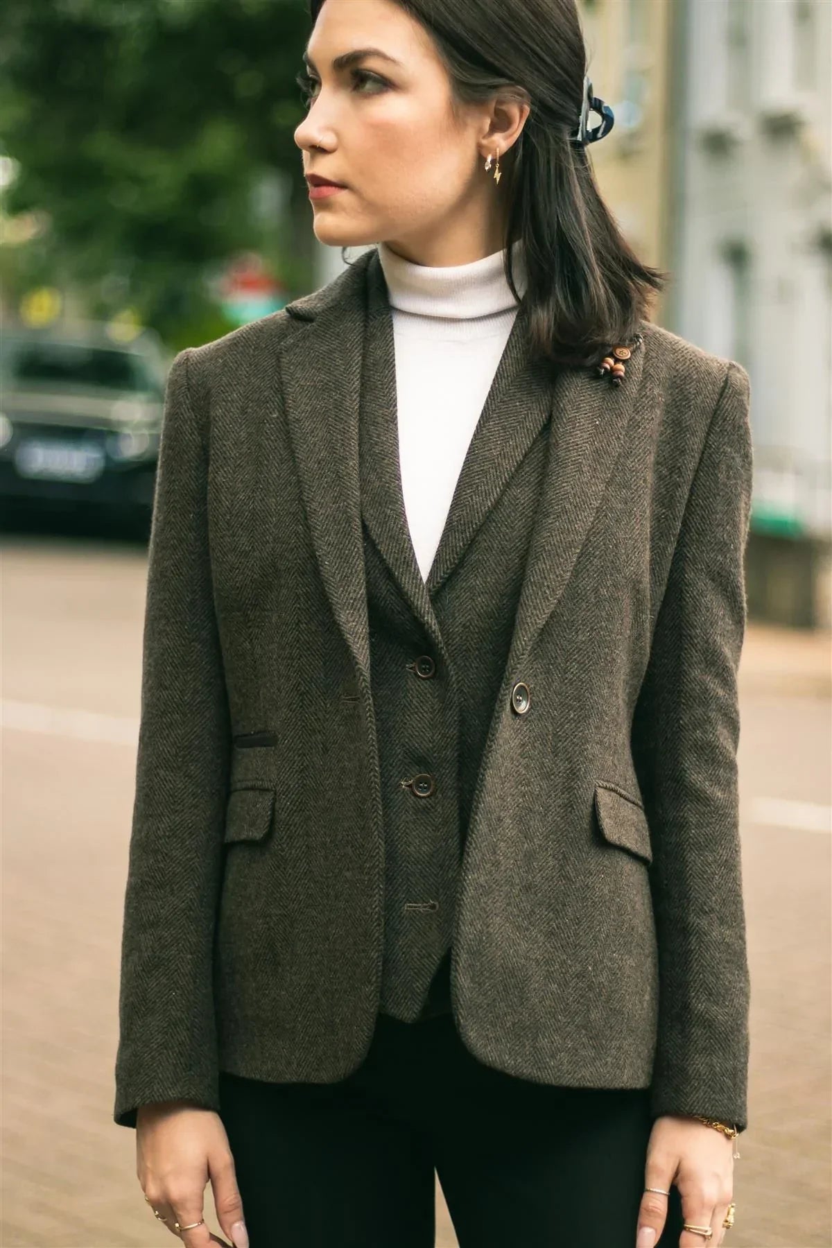 Womens Tweed Herringbone Blazer Brown 1920s Vintage Tailored Classic Smart