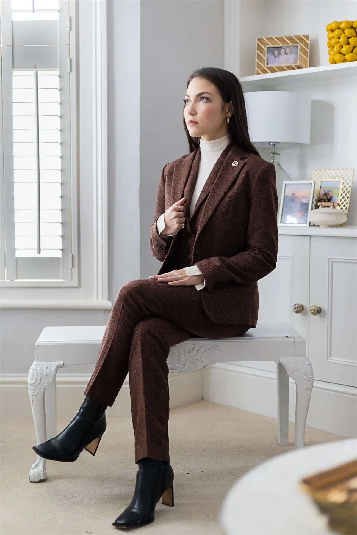 WS-12 - Women's Tweed Suit Waistcoat Herringbone Wool Rust Brown